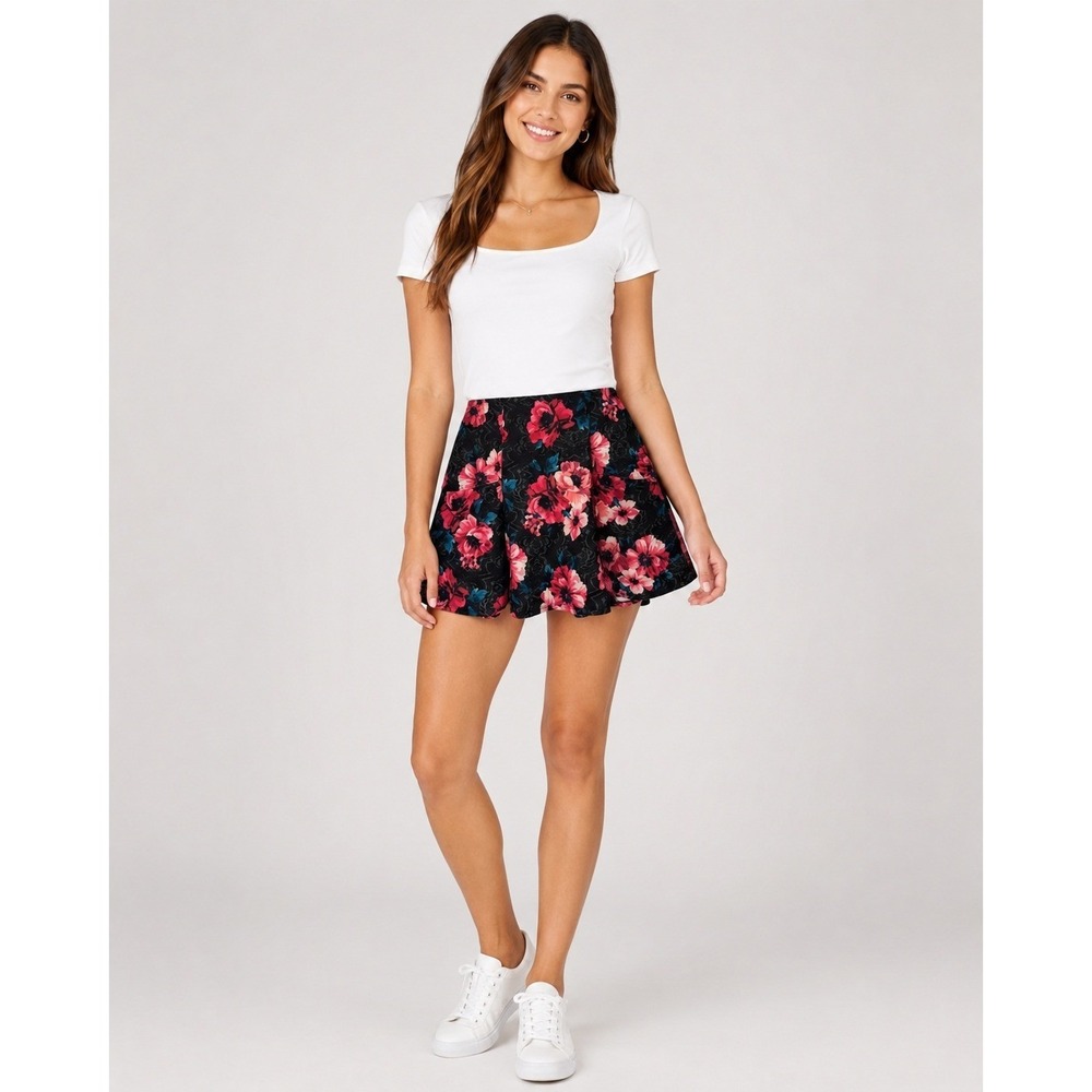 Vintage Y2K Hollister Skater Whimsigoth Skirt Medium Black Floral Polyester